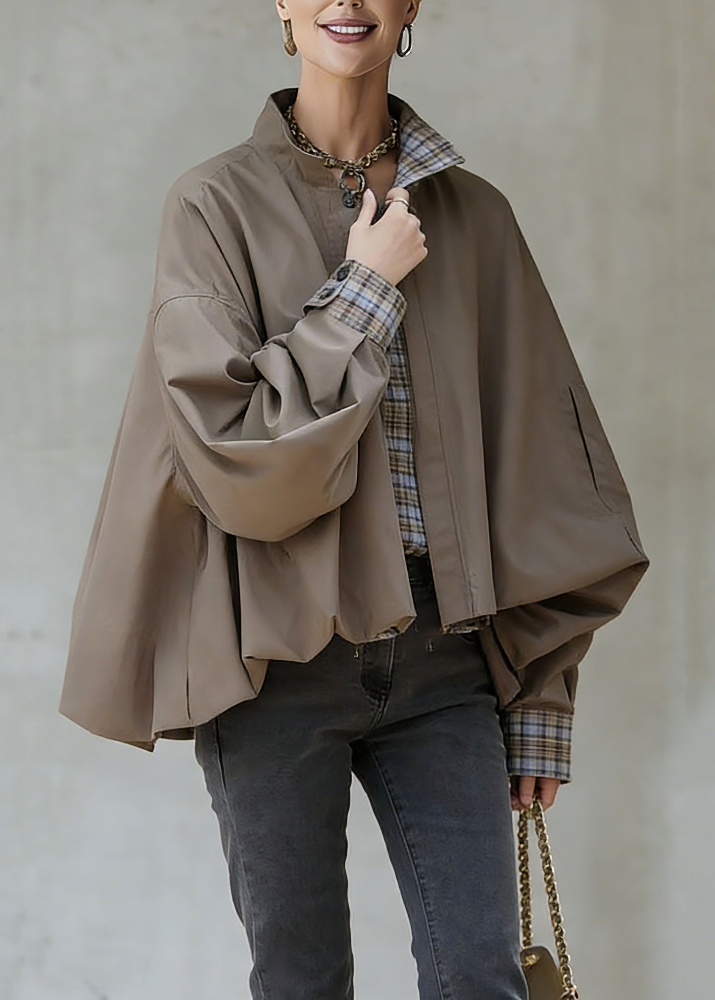 Khaki Stand Collar Pockets Patchwork Low High Design Coat Spring
