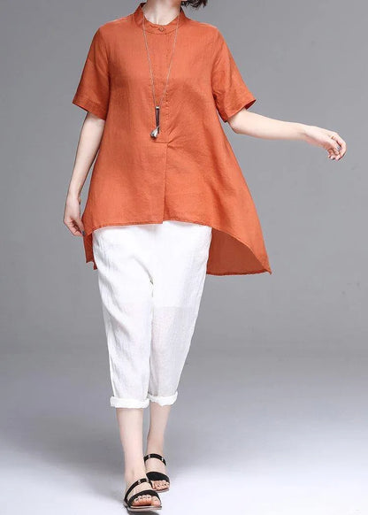 Natural Stand Collar Asymmetric Linen Cotton Box Top Orange Box Shirts Summer