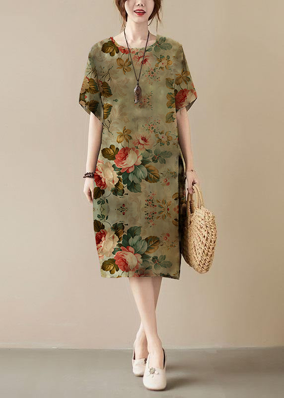 Classy Khaki Print O-neck Pockets Summer Maxi Dresses Half Sleeve
