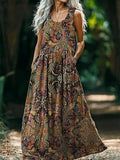 Women's Vintage Ethnic Floral Art Pattern Print Crew Neck Sleeveless C
