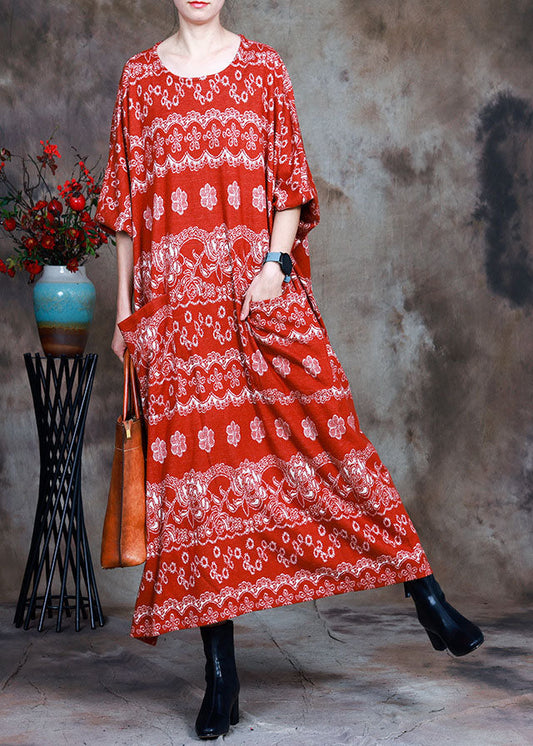 Natural Red Knit O-neck Pockets Fall Dress