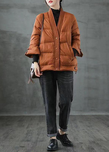 Red V Neck Button Thick Winter Duck Down Jackets
