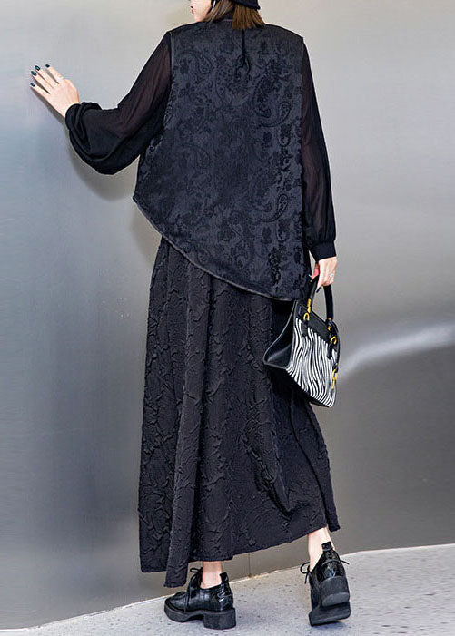 Organic Black Jacquard Asymmetrical Tops Loose Vest a Line Skirt Three Piece Outfit Spring