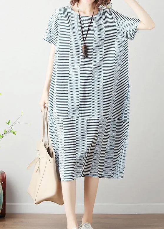 100% Light Blue Striped Cotton Long Shirts Patchwork Dresses Summer Dresses