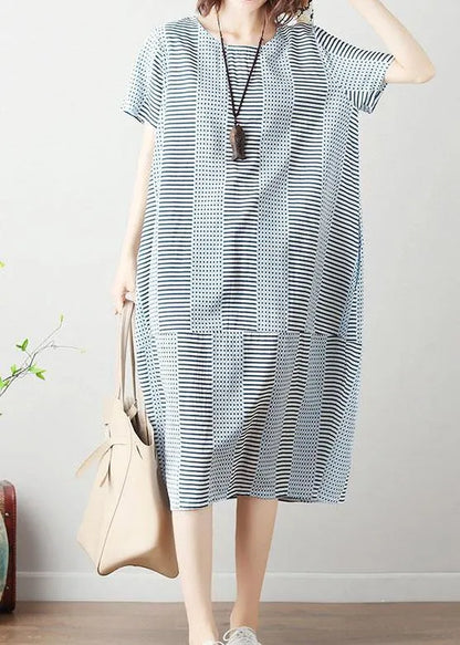 100% Light Blue Striped Cotton Long Shirts Patchwork Dresses Summer Dresses