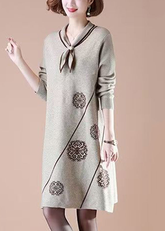 Natural Khaki Peter Pan Collar Cotton Knit Long Weater Dress Fall