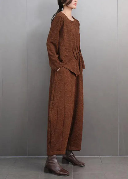 Brown O-neck Print T Shirts and Lantern Pants Two Pieces Set Spring