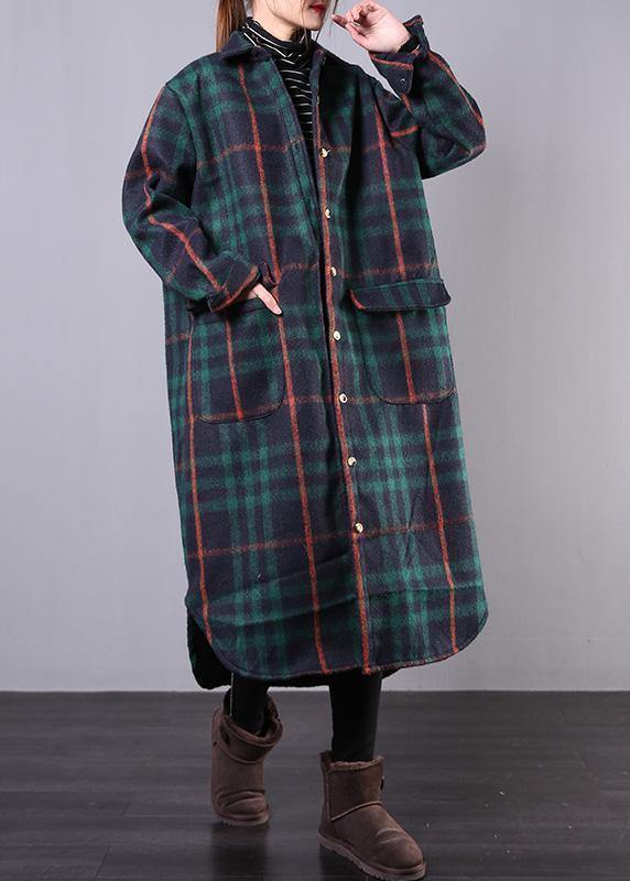 Green Plaid Wool Overcoat Clothing Winter Coat Lapel Pockets Coats