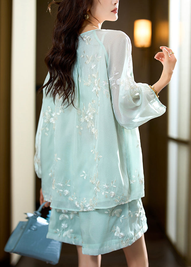 Chinese Style Mint Green Embroidered Tops and Shorts 2 Piece Outfit Summer