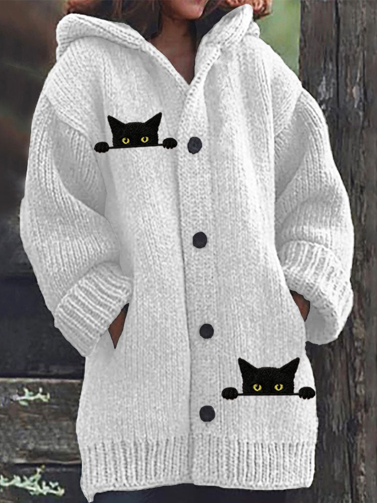 Women's Casual Funny Black Cat Print Hood Sweater elevenforest