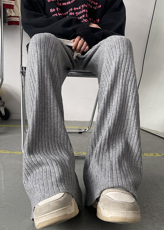 Simple Grey Lace Up Warm Fleece Flare Bottoms Pants Spring