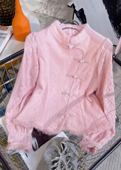 French Pink Stand Collar Button Knit Shirt Spring
