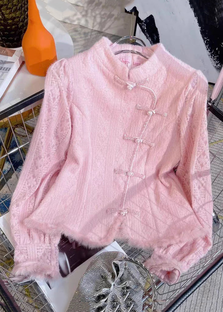 French Pink Stand Collar Button Knit Shirt Spring
