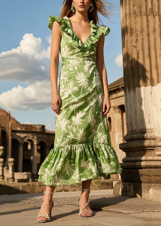 Green Ruffled Print Silk Long Dresses Summer