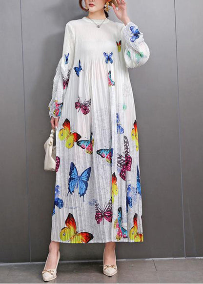 White Print Wrinkled Long Dress Fall