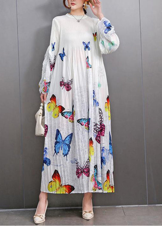 White Print Wrinkled Long Dress Fall