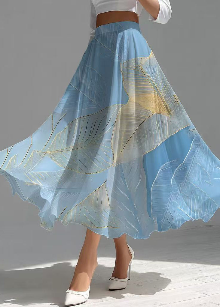 Sea Blue Leaf Print Chiffon Holiday Skirt Summer