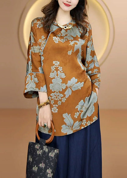 Navy O Neck Print Silk Shirt Tops Fall