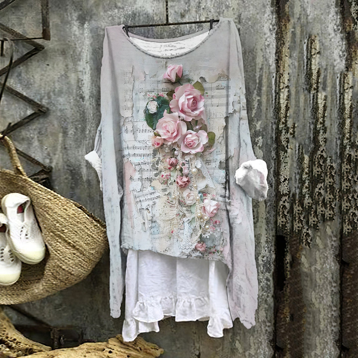 Comstylish Women's Floral Musical Notes Embroidery Art Linen Blend Vintage Shirt