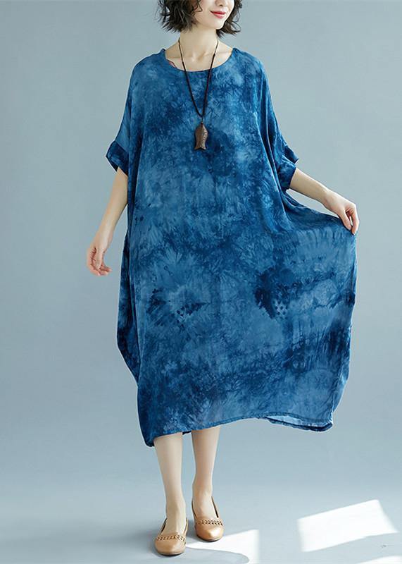 Blue Long Linen Dress O Neck Linen Clothing Dresses Short Sleeve Baggy Dresses Linen Caftans