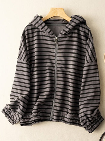 100% Natural Material Striped Zipper Literary Retro Hoodie Coat