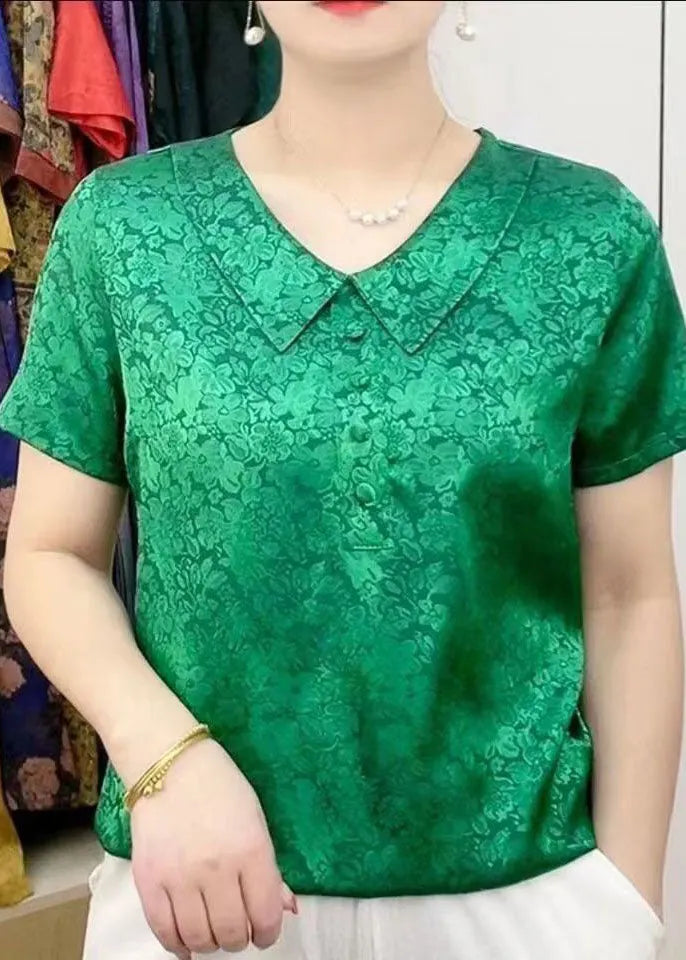 Green Peter Pan Collar Print Patchwork Silk T Shirt Summer