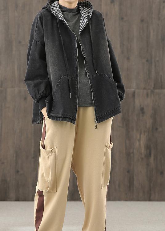 Denim Black Clothes Hooded Pockets Baggy Blouse