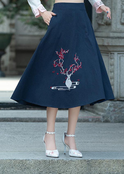 Navy Cotton Embroidery Clothes Indian Sewing a Line Skirts Oversized Summer Skirt