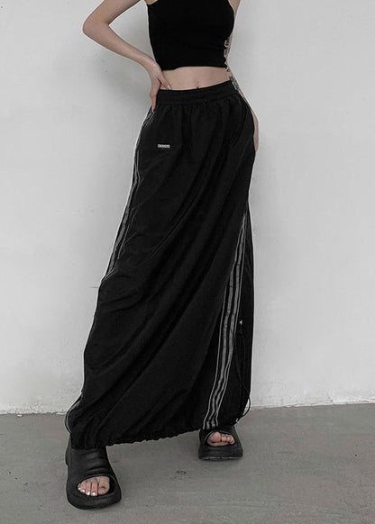Black Pockets Elastic Waist Patchwork Cotton Maxi Skirts Fall