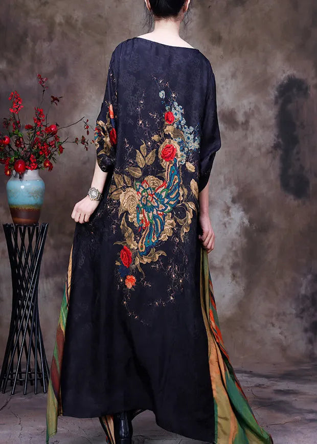 Slim Fit Black Yellow Colour O-neck Print Patchwork Silk Maxi Dress Long Sleeve