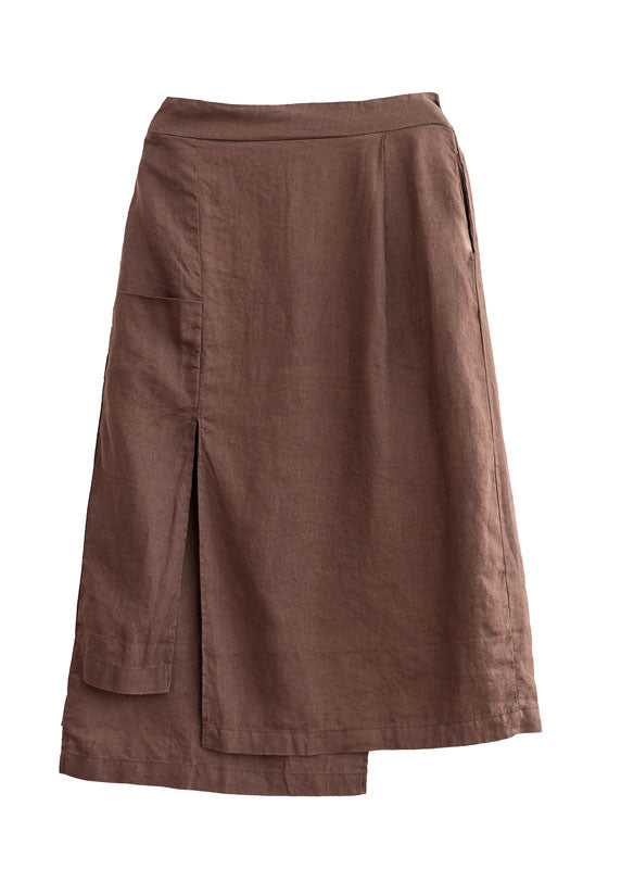 Chocolate Asymmetrical Side Open Linen Skirts Fall