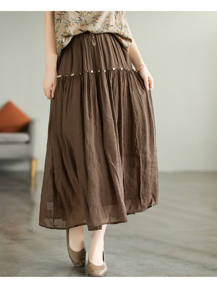 Literary High Waist Double Layer Tencel Linen Stitching Slim Skirt