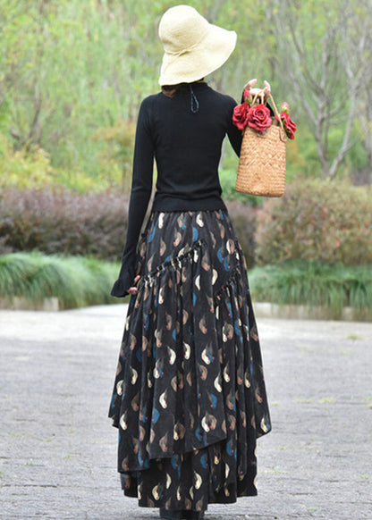 Black Wrinkled Print Elastic Waist Corduroy Skirt Spring