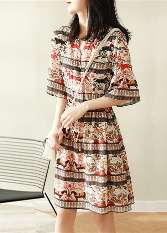 V Neck Print Chiffon Dress Flare Sleeve