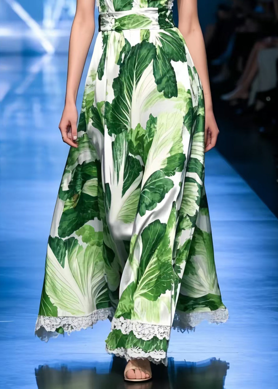 Chinese Cabbage Print Patchwork Lace Spaghetti Strap Dress Dress Summer