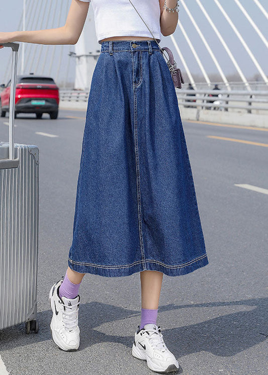 Modern Blue Zip Up Pocket Button Patchwork Cotton a Line Skirts Summer