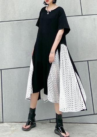 French Asymmetric O Neck Cotton Clothes Pattern Black Cotton Robes Dresses