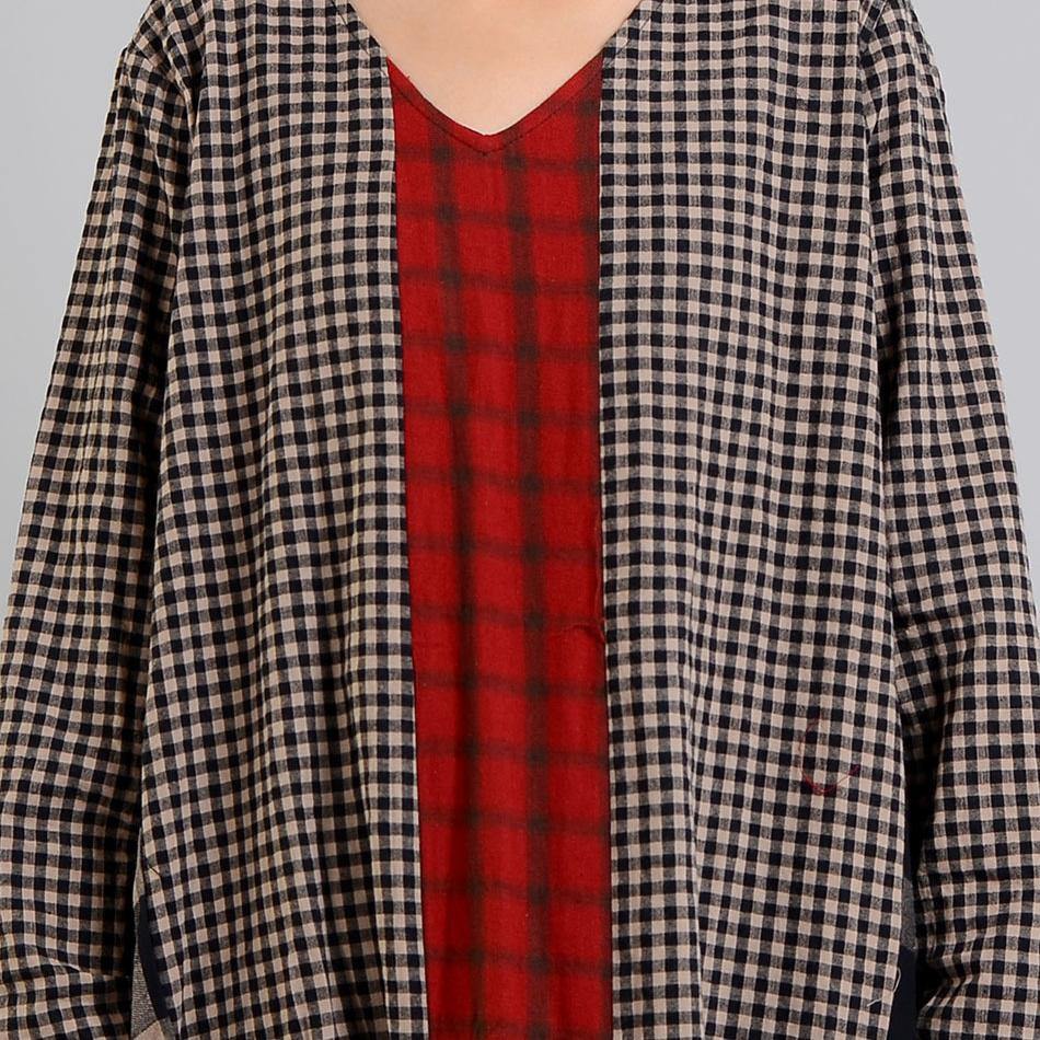Black Plaid Autumn Loose Fitting V Neck Patchwork Traveling Clothing Chinese Button Dresses