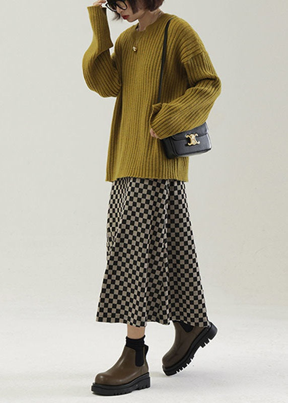 Black Asymmetrical Plaid Knit Skirts Spring