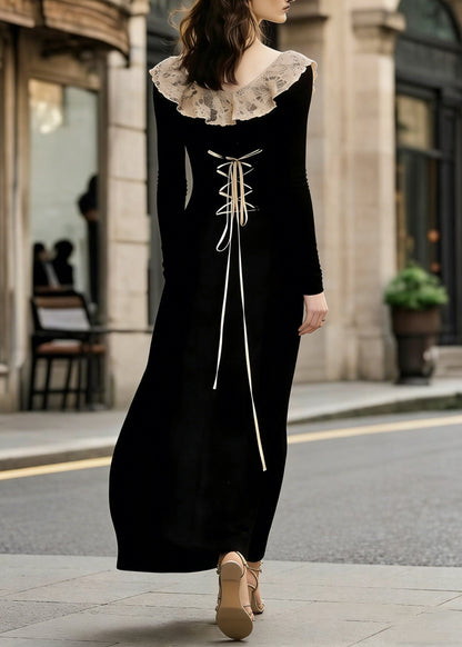 French Black Lace Patchwork Wear on Both Sides Cotton Maxi Dress Lace Up Spring