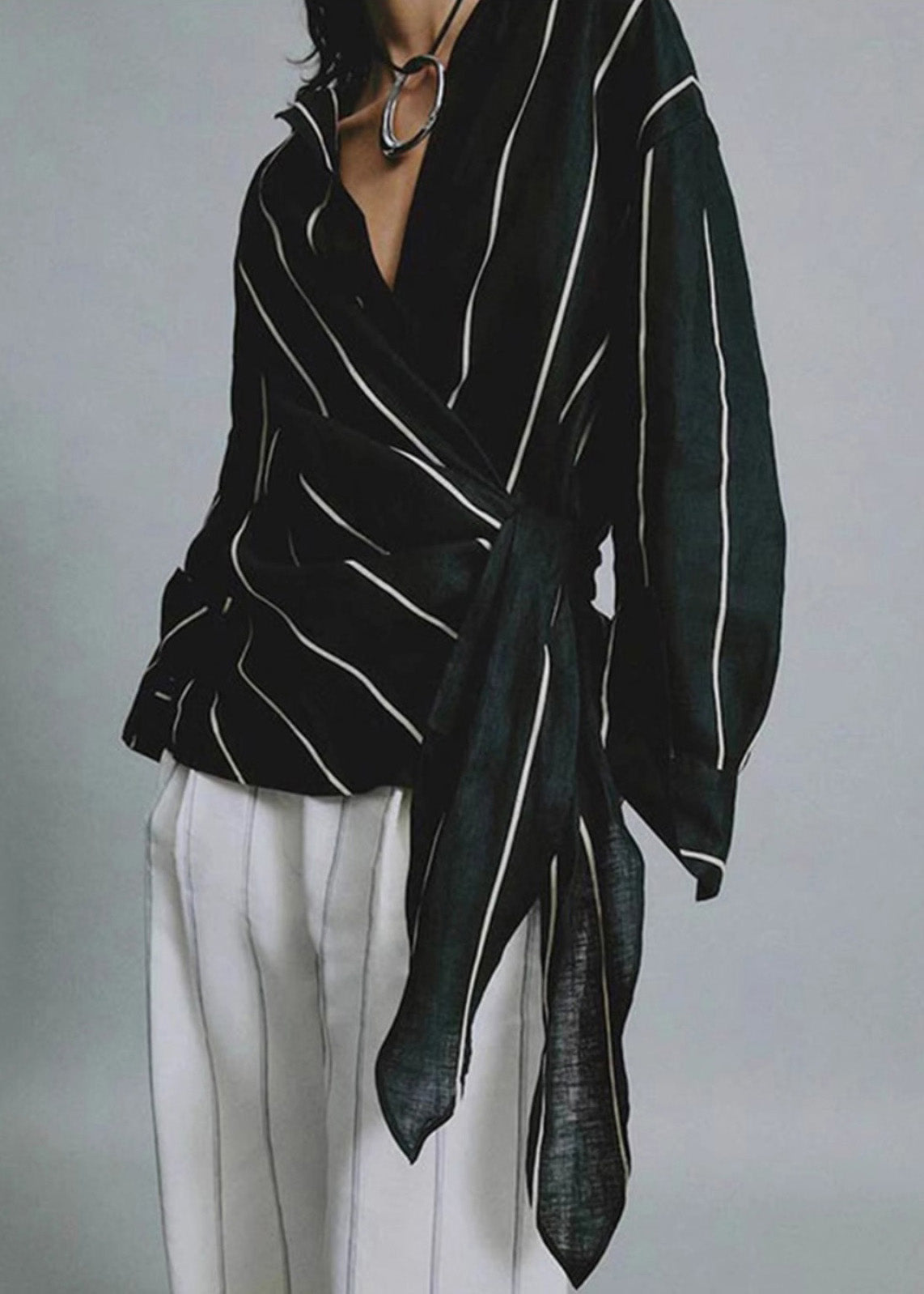 Black Peter Pan Collar Striped Lace Up Linen Tops Fall