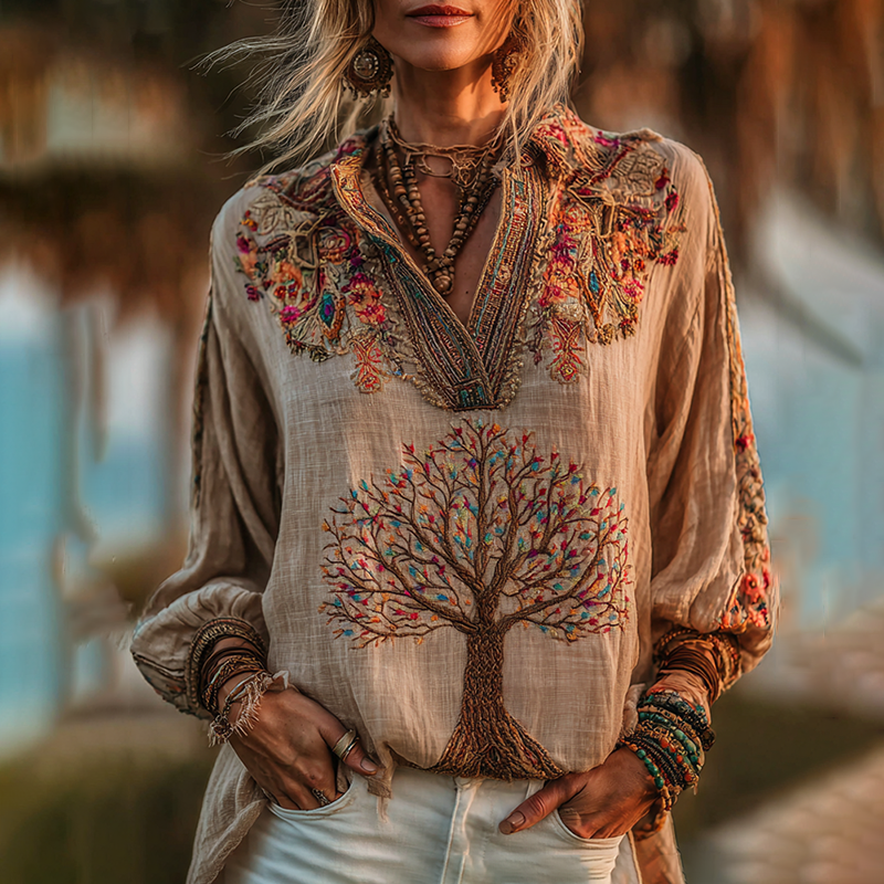 Women's Vintage Viking Tree Of Life Embroidered Lapel Shirt elevenforest