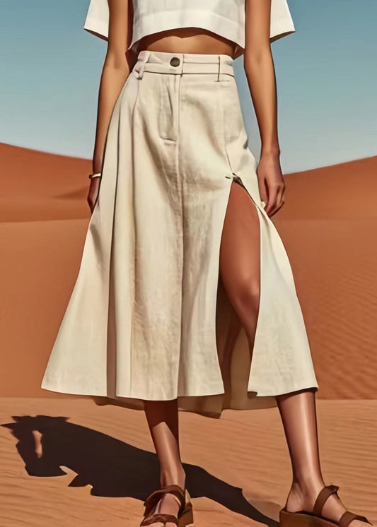 Beige Side Open High Waist Linen Skirt Summer