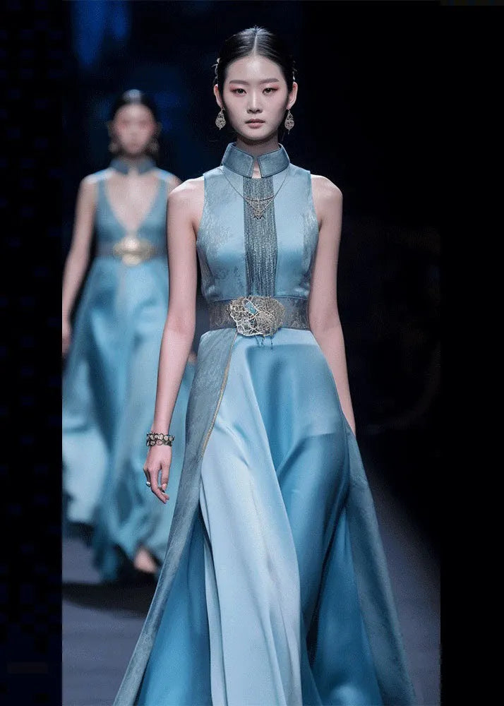 Chinese Style Blue Patchwork Silk Top and Cummerbund Maxi Skirts Sleeveless