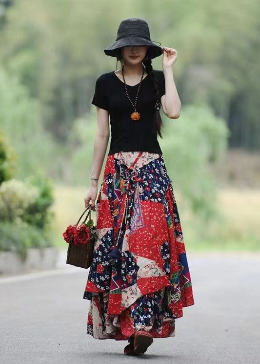 Red Asymmetrical Print Exra Large Hem Linen Skirt Spring