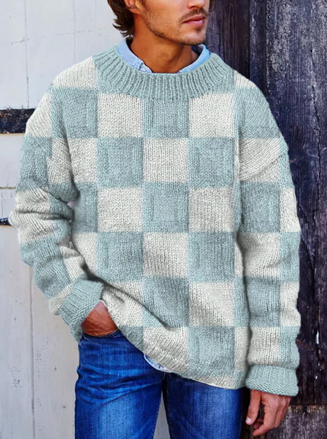Vegan Mock Minimalist Knit Pullover Sustainable Plaid Patchwork Warmth Knitted Jacquard Unisex Sweater artswardrobe
