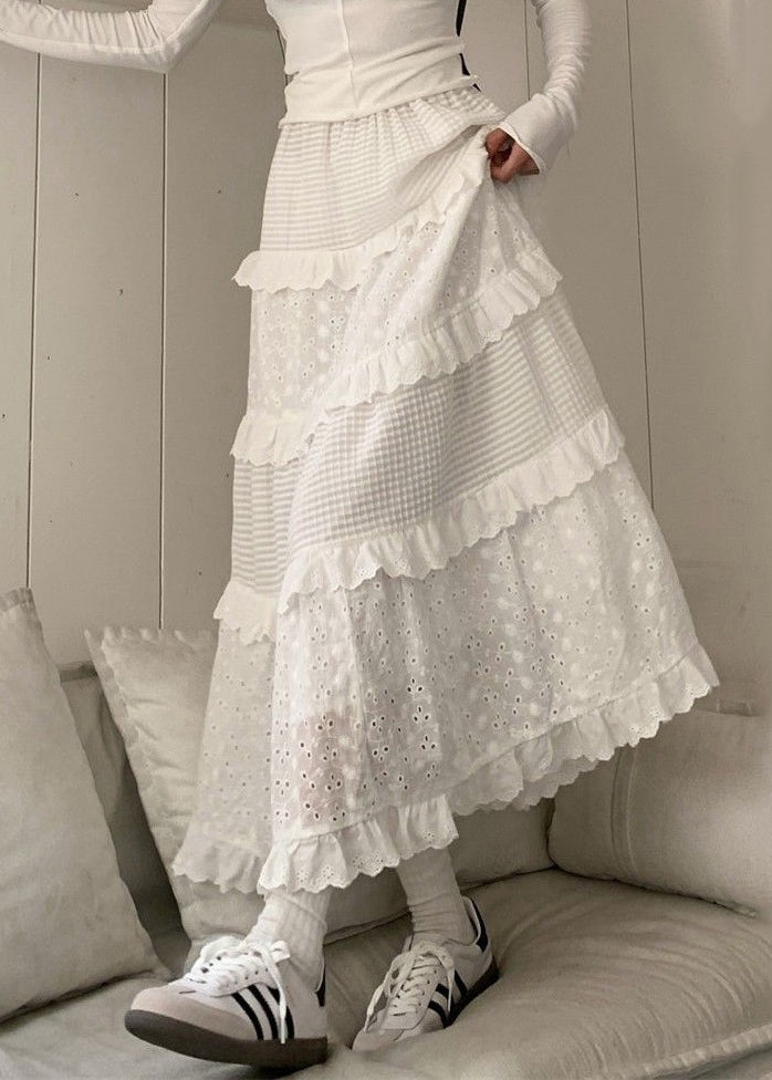 White Ruffled Hollow Out Cotton Skirts Summer