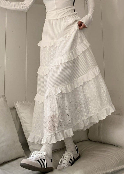 White Ruffled Hollow Out Cotton Skirts Summer