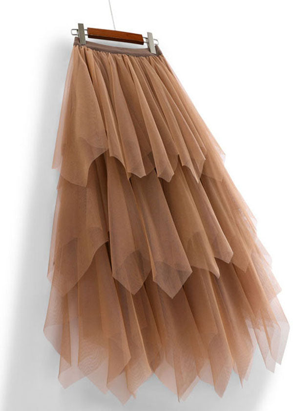 Coffee Asymmetric Design Elastic Waist Tulle Skirts Spring