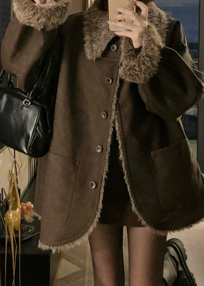 Coffee Peter Pan Collar Button Wear on Both Sides Thick Leather and Fur Coats Winter